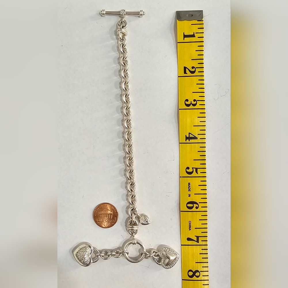 STERLING SILVER CLEAR STONES HEARTS TOGGLE CLASP BRACELET 925 . 49,76 grams